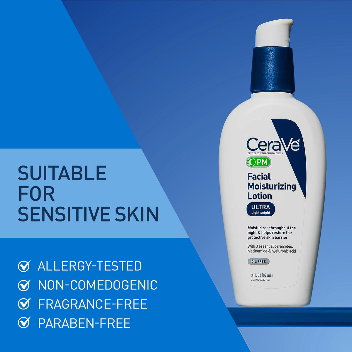 CeraVe PM Daily Facial Moisturizer, Skin Care for Dry Skin, Oil-Free, 3oz | Travel Sized Face Lotion with Hyaluronic Acid, Niacinamide & Ceramides, Face Moisturizer for Men & Women, Skin Barrier Repair