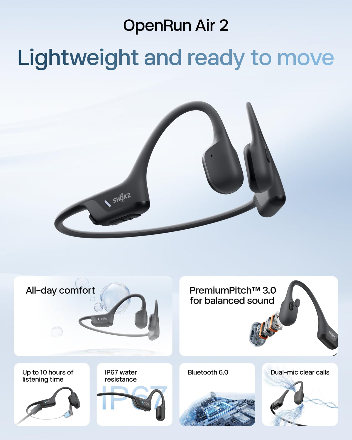 SHOKZ OpenRun Air 2 Bone Conduction Open-Ear Bluetooth Headphones，Black | Bundle with Hair Band；26.4g lightweight; Secure fit; PremiumPitch 3.0 sound; IP67; 10H battery; Running/cycling/hiking