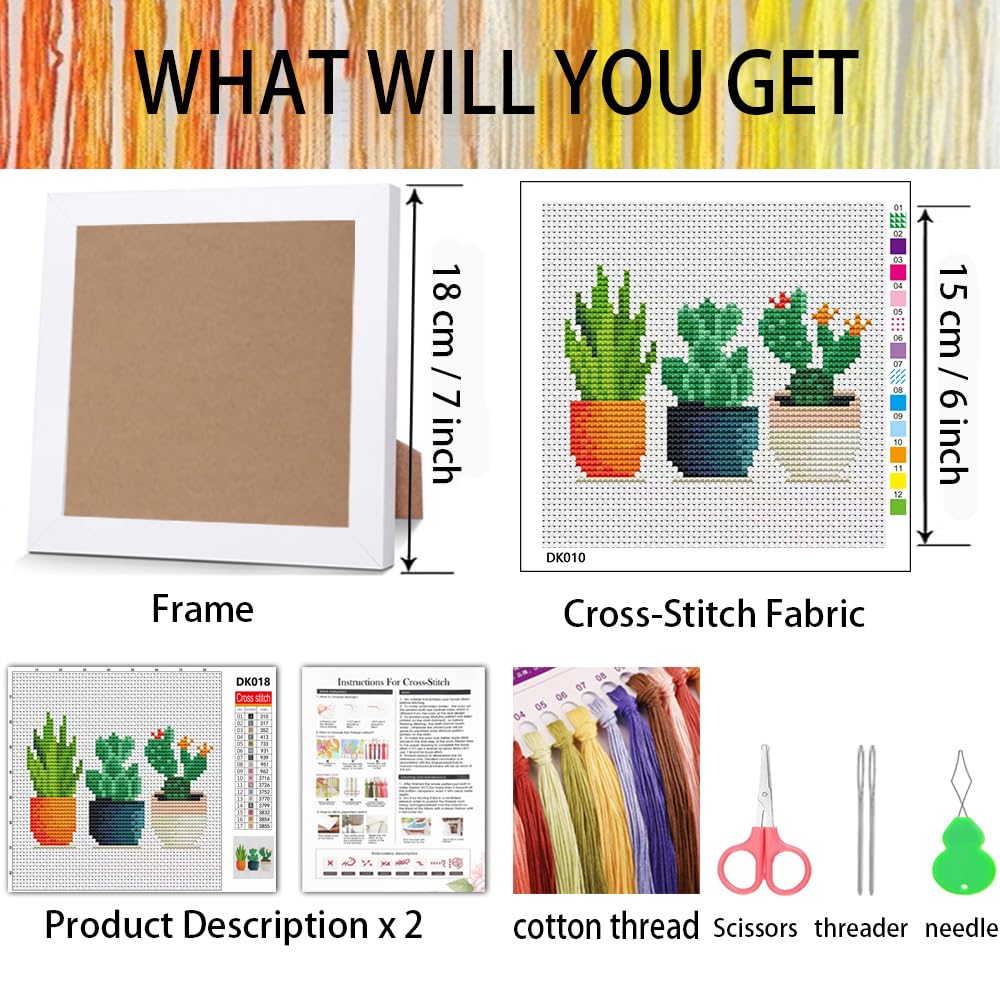 Tiwabb Succulent Stamped Cross Stitch Kits for Adults Beginners with Frame | Cactus Partial 11CT Cross-Stitch,DIY Arts and Crafts for Adults,Embroidery Kit for Adults Beginners for Decor and Gift 7x7 in