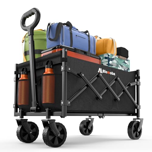 Blomoba Folding Wagon Cart with Wheels, 220lbs Utility Wagon Cart, Black | Collapsible Wagon with 360° All-Terrain Wheels & Adjustable Handle, Foldable Cart for Groceries Camping Sports Gardening