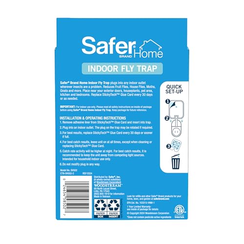 Safer Home Flying Insect Trap, Plug-In Fruit Fly Trap for Indoors, 1-Pack | Flying Insect, Moth, & Gnat Trap, Fruit Fly Killer, Fly Catcher, 24/7 Catch, Chemical-Free, 1 Trap + 2 Glue Cards, SH502