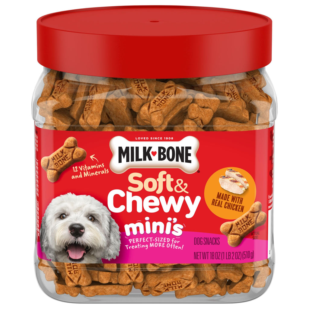 Milk-Bone Soft & Chewy Mini's Dog Training Treats, 18 oz Canister | Made with real chicken breast, small dog treats for training and rewarding, 18% protein, fortified with vitamins and minerals