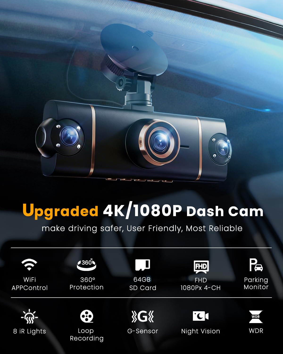 XYGCACO 4K Dash Cam Front and Rear, WiFi Dash Camera for Cars with App | 4K+1080P*3 FHD Dash Cam, 64G Card Included, G-Sensor Emergency Lock, 8 IR Lamps Night Vision, 24H Parking Monitor, Black Gold