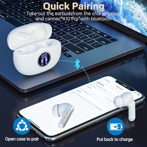 Fhumsh Wireless Earbuds, Bluetooth 5.3 Headphones HiFi Stereo 50H Playback LED Digital Display Ear Buds with ENC Noise Canceling Headset, IPX7 Waterproof Earphones for Gym/Running/Work（White）