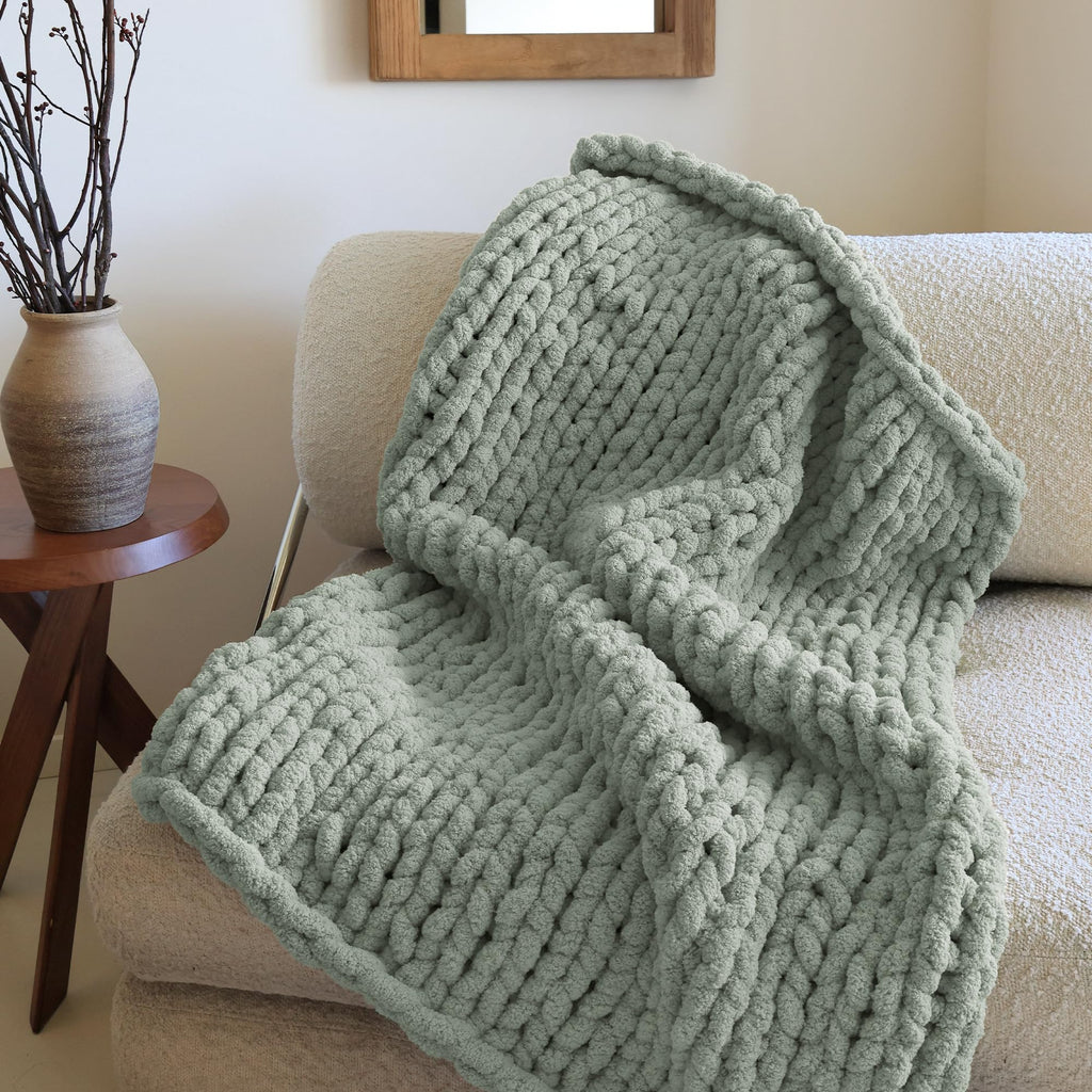 Mellobello Jumbo Chunky Yarn for Hand Knitting - Super Thick Chenille Chunky Yarn for Crocheting - Extra Soft Bulky Fluffy Blanket Big Yarn 8 Jumbo Pack (26yds,8 oz Each Skein) Sage Green