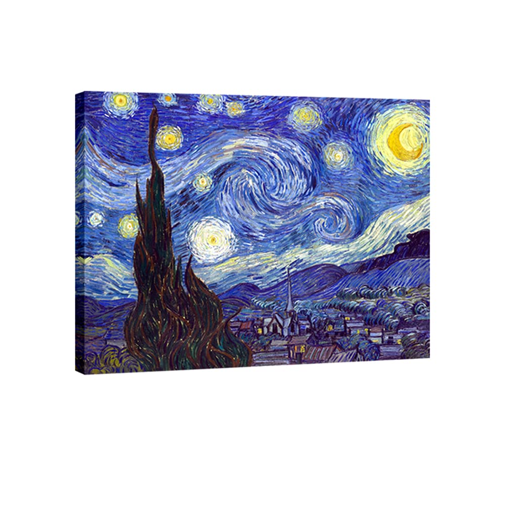 Wieco Art Starry Night Vincent Van Gogh Canvas Wall Art Prints | Gallery Wrapped, Ready to Hang, Paintings Reproduction, Abstract Landscape Pictures, Wall Art for Home Office Decorations