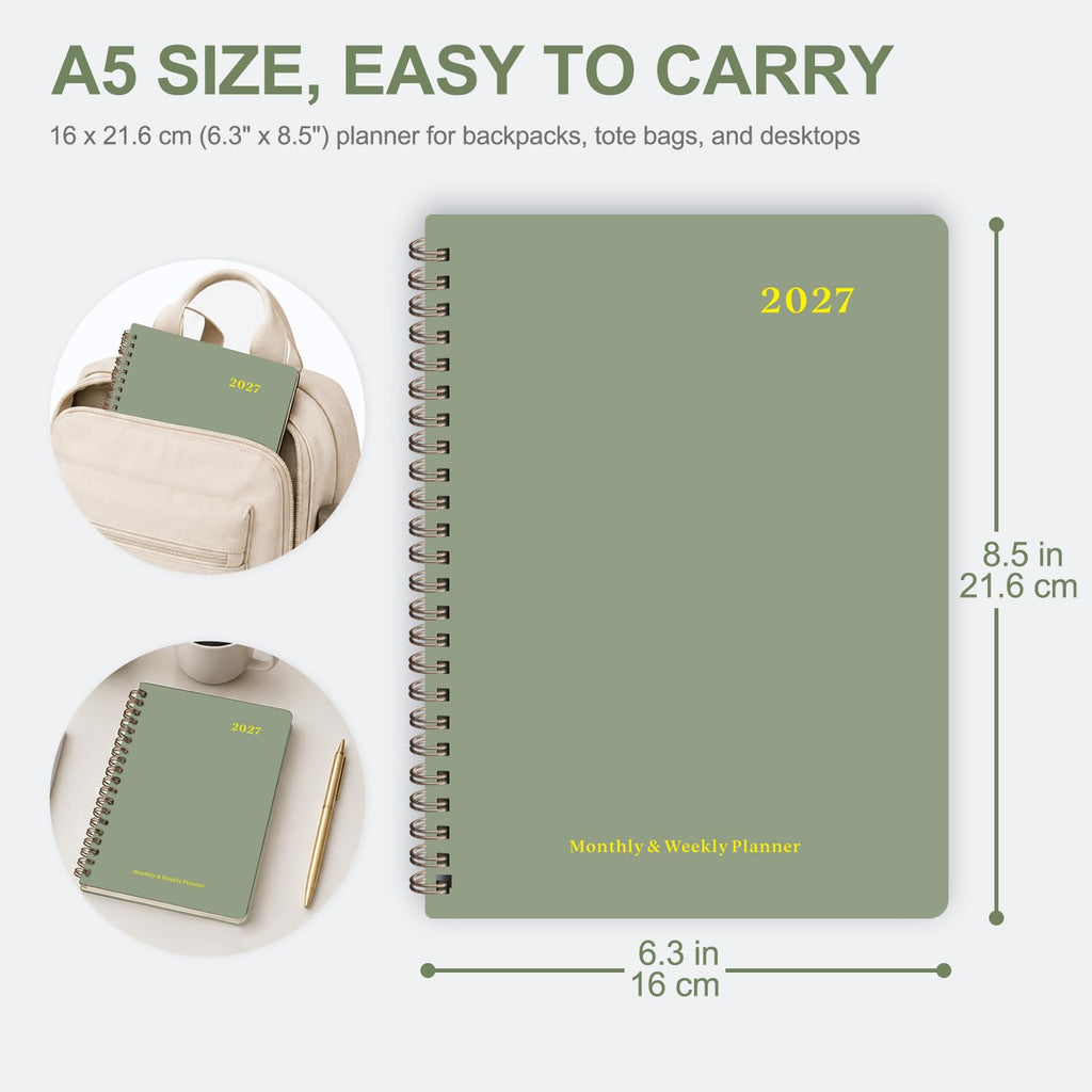 2027 Planner, Weekly and Monthly Calendar Planner Book, 12 Month Agenda, A5 | January 2027 - December 2027, Hardcover, Spiral Bound, Inner Pocket, Home School and Office Supplies, Yearly Planning