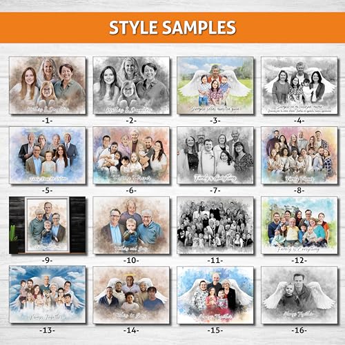 Custom Pencil Drawing from Photos – Charcoal Style Portrait – Merge Family Photos, Add Passed Loved One – Memorial Gift with Angel Wings – Personalized Canvas from Picture – In Memory of Mom