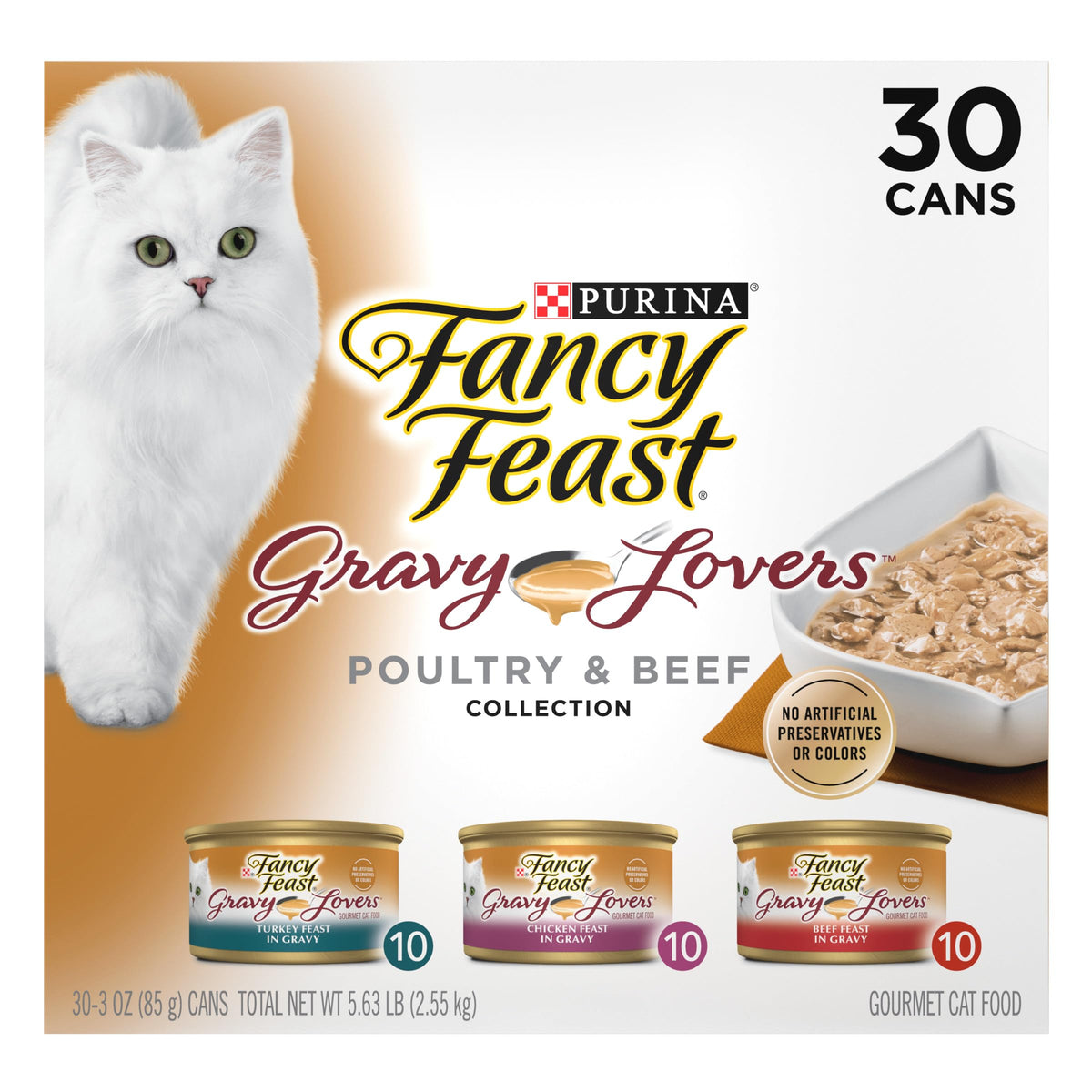 Purina Fancy Feast Gravy Lovers Wet Cat Food, 3 oz Cans, 30-Pack | Variety Pack with poultry and beef grilled gourmet recipes, made with no artificial colors or preservatives