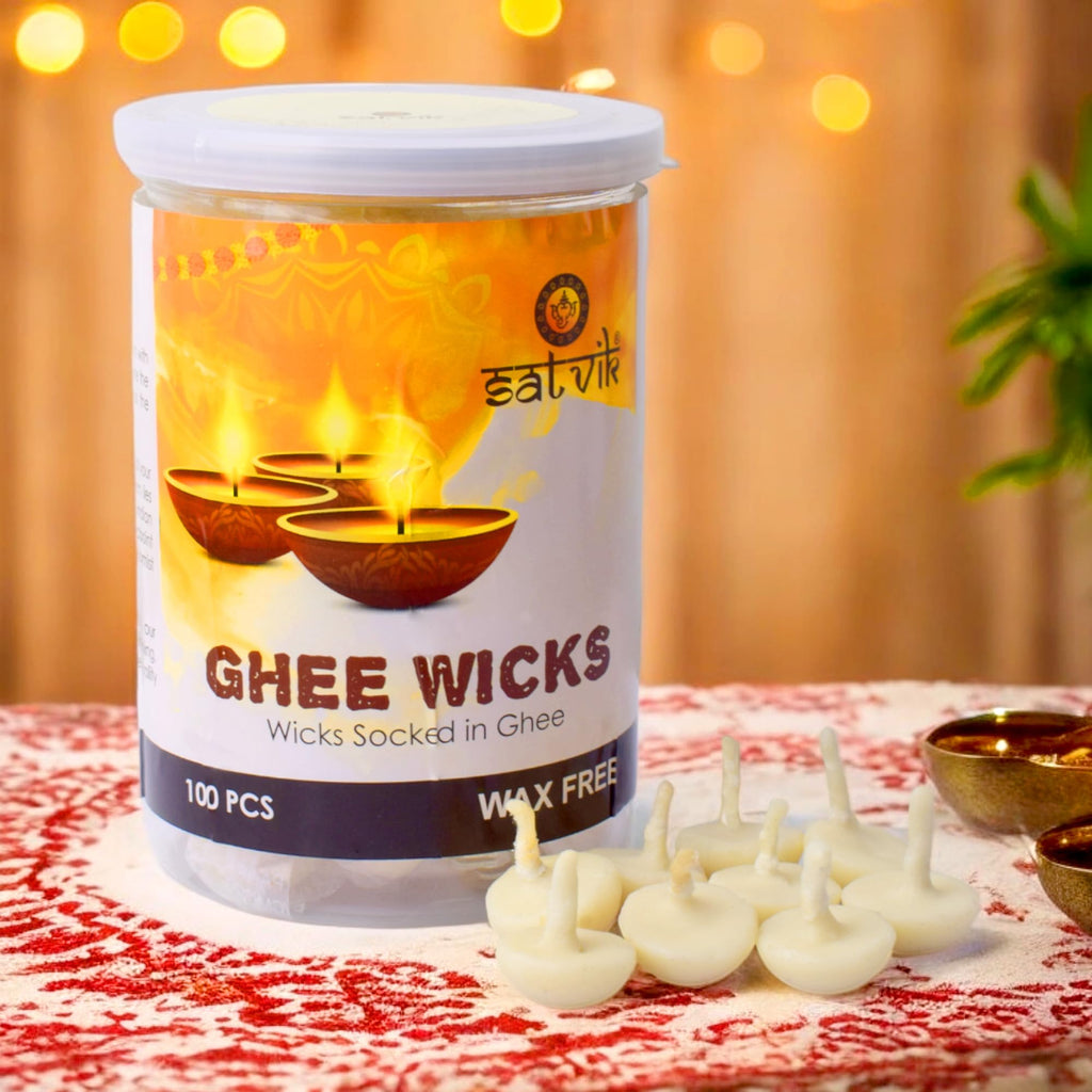 SATVIK Pack of 100 Pure Ghee Wicks for Puja | Ready-to-Use Diya Batti | 30-Min Burn Time | Wax-Free Cotton Wicks | Ideal for Pooja, Meditation, Diwali, and Housewarming Gifts