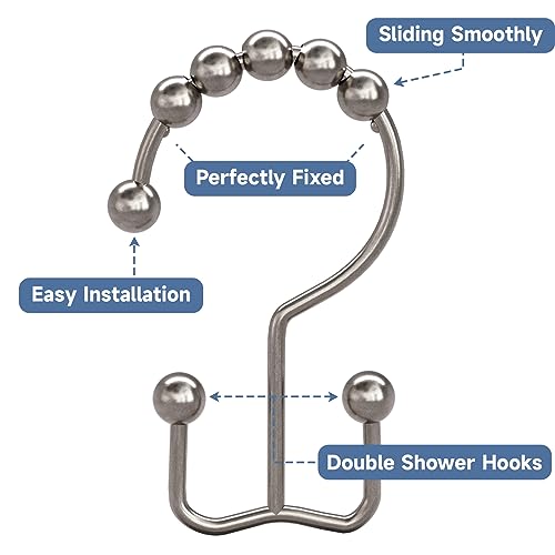 Titanker Shower Curtain Hooks Rings, Rust Resistant Metal Double Glide Shower Hooks Rings for Bathroom Shower Rods Curtains, Set of 12 Hooks - Nickel