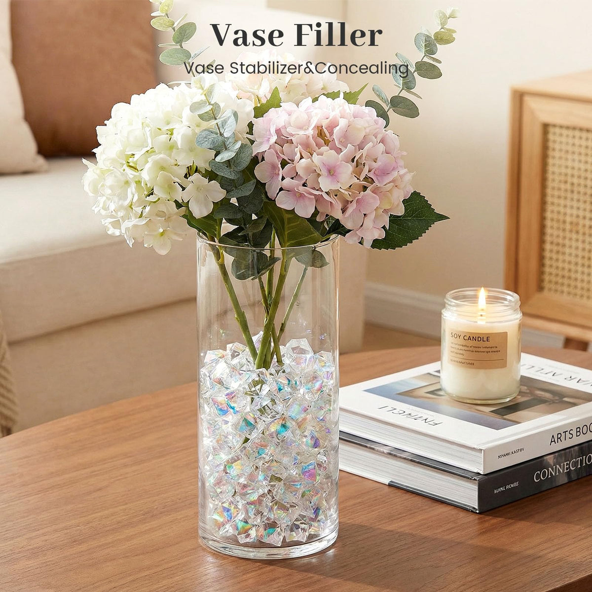 DOMESTAR 150 PCS Fake Ice Rocks, Iridescent Clear Vase Fillers | Acrylic Crystals Cemstones, Jewels for Crafts, Kitchen Table Decor, Party Decorations, Fish Tank Decor