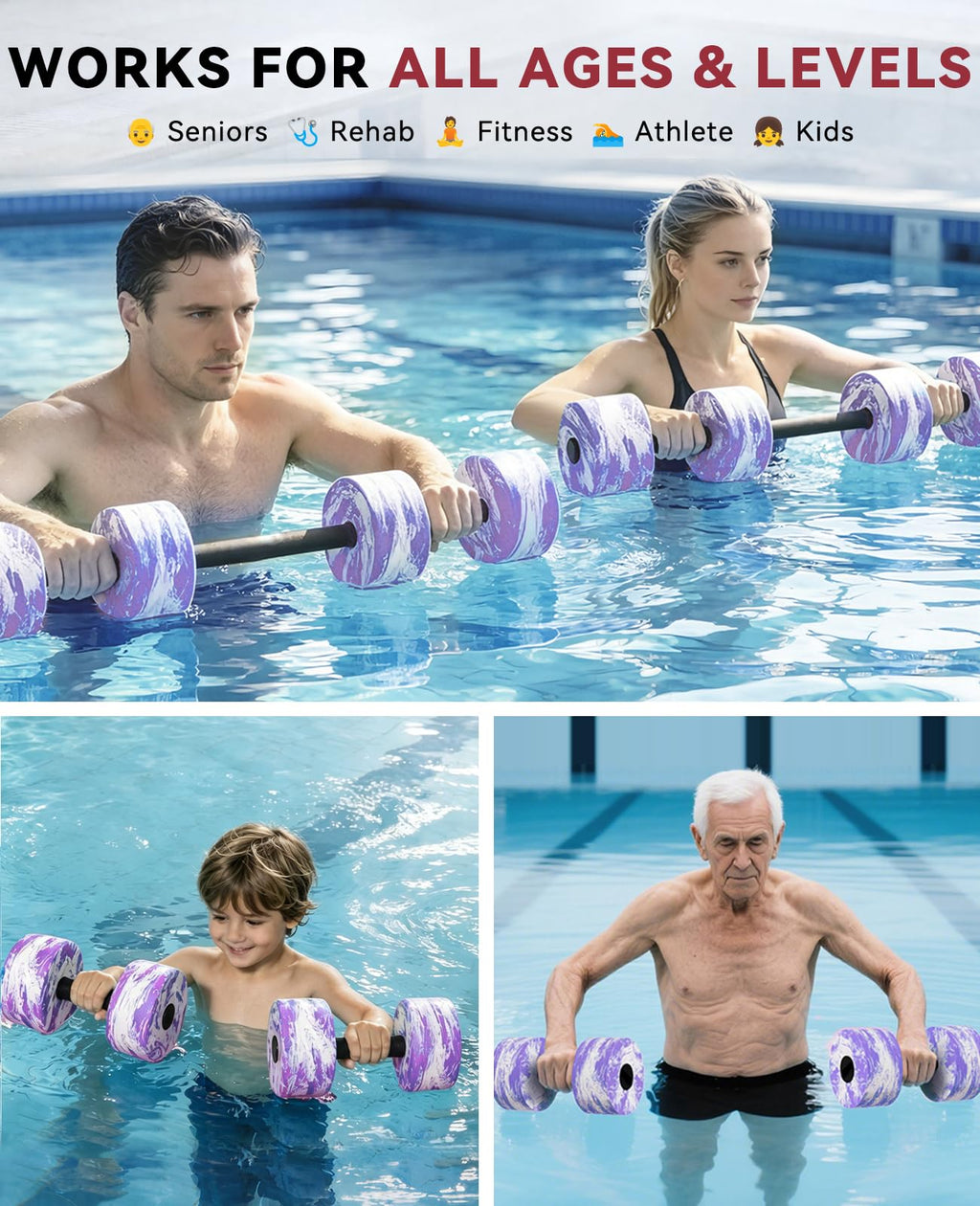 HAPBEAR 3-in-1 Aquatic Exercise Dumbbells, Adjustable Water Weights for Pool Exercise, High-Density EVA Foam Barbell for Water Aerobics Equipment, Physical Therapy & Joint-Friendly Strength Training