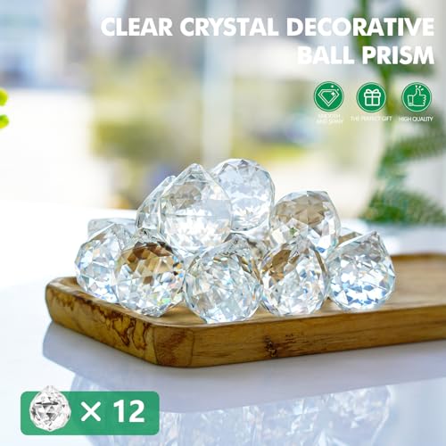Crystal Prism 12PCS 1.2" Crystal Ball Prism K9 Glass Hanging Ornaments | Precision Faceted Cuts Brilliant Rainbow Reflections Ideal for Suncatchers Weddings DIY Crafts Chandeliers Home Decor