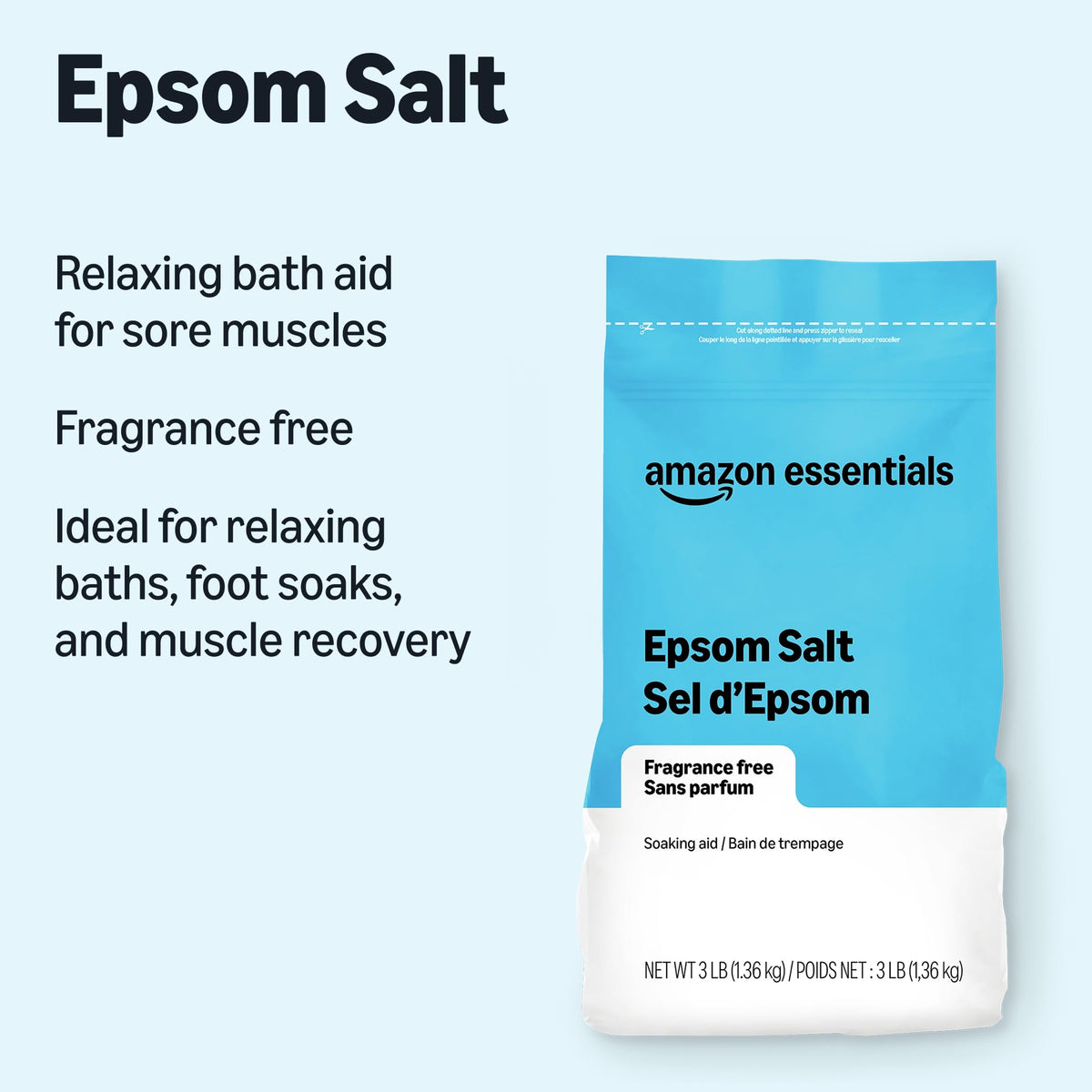 Amazon Essentials Epsom Salt Soak, Magnesium Sulfate USP, 3 Pound, 1-Pack (Previously Amazon Basics)