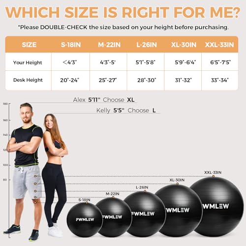 FWMLEW Extra Thick Exercise Yoga Ball, 5-Size Anti-Burst Heavy Duty Stability Gym Ball for Fitness, Core Workout, Pregnancy & Office Chair, Includes Quick Pump