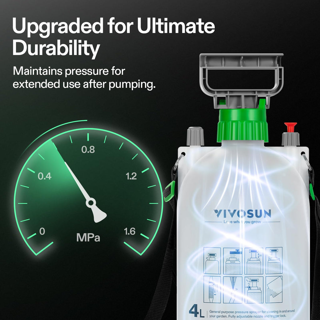 VIVOSUN 1 Gal/4L Pump Sprayer, Garden Water Sprayer | for Plants, Weeds & Lawn Care, with 3 Nozzles, 50'' Long Hose & Pressure Relief Valve