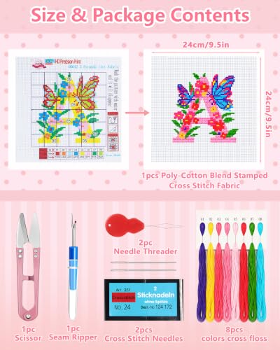 FIVEIZERO Alphabet Cross Stitch Kit, Stamped Cross Stitch Kit for Beginners | A-Z letter designs with stamped canvas, colorful floss and tools for easy DIY embroidery, monograms, gifts and home decor.