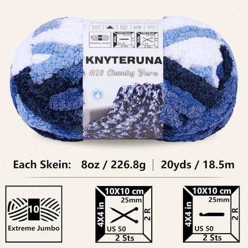 Knyteruna Chunky Yarn for Hand Knitting, #10 Chunky Blanket Chenille Yarn, Large Bulky Thick Jumbo Yarn, Super Chunky Knit Yarn for Crocheting, 8 Skein (8oz,20yds Each Skein), Tie Dye Multi Blue&White