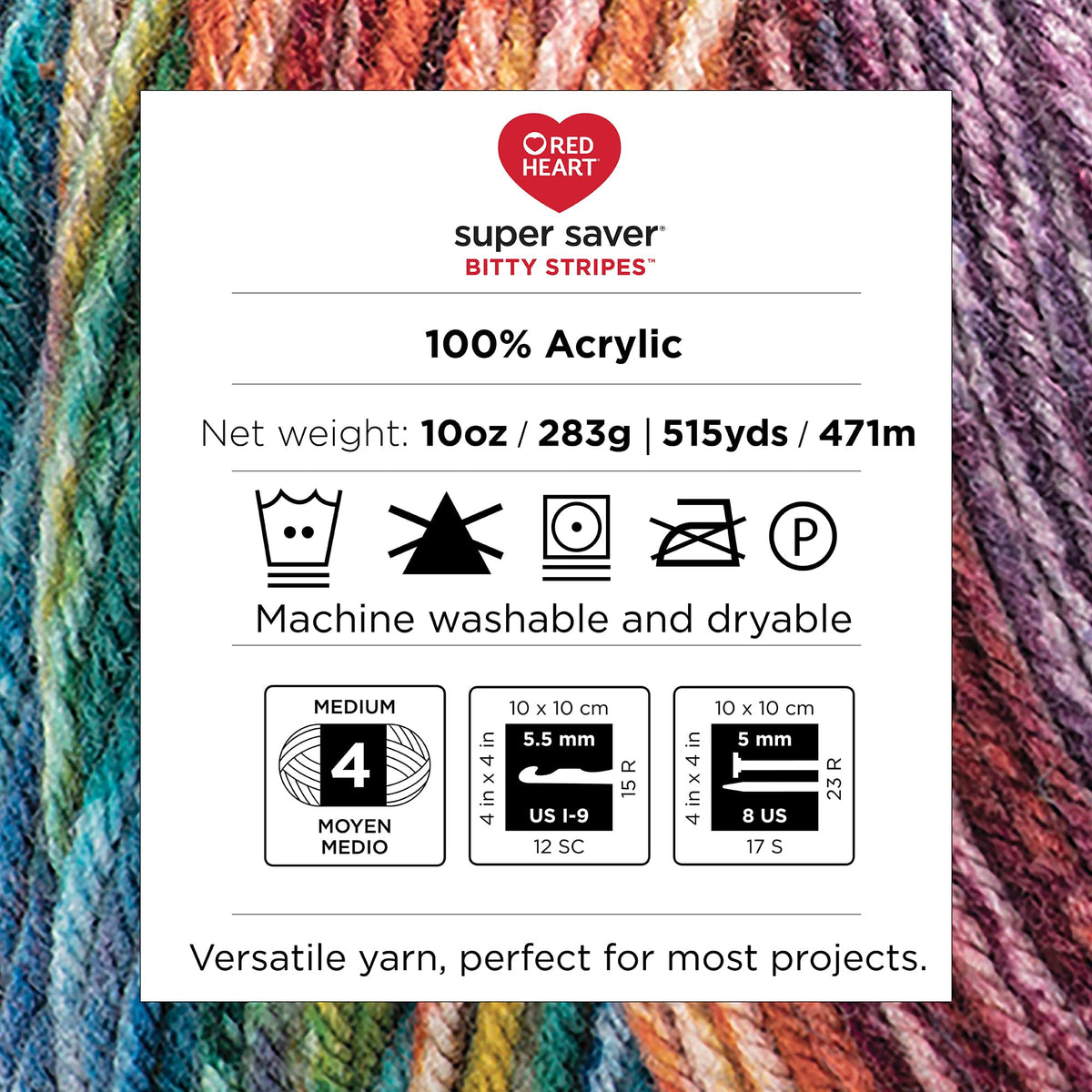 Red Heart Super Saver Bitty Stripes Crochet Yarn, Unicorn Mane, 2-Pack | #4 Medium Worsted 100% Acrylic Self-Striping Yarn for Knitting, Blankets, Hats, Scarves, and Sweaters, 515 yards, 283g/10oz