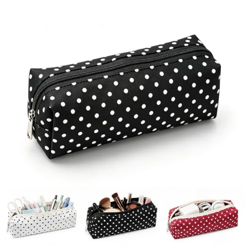 Polka Dot Canvas Pencil Case, Foldable Pouch for Stationery & Makeup, Black | Cute Polka Dot Canvas Pencil Pouch, Large Capacity Soft Aesthetic Pen Case Organizer for Supplies & Daily Use