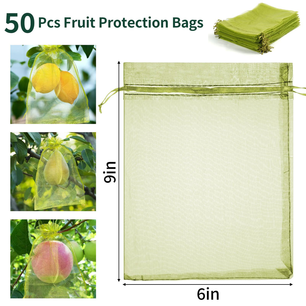 50 Pcs Fruit Protection Bags, 6×9 in Mesh Cover Nets for Tree, Green | Drawstring Netting, Protect Fruits, Dense Fine Mesh, for Vegetables Strawberry Tomato Garden, Reusable and Soft
