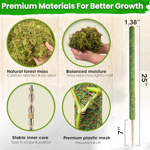 DUSPRO 2 Pack 25" Mesh Moss Pole for Climbing Plants, Pre-Made Moss Pole | Easy To Set Up & Natural Moss Pole Monstera Plant Support, Real Moss Poles for Plants Indoor, Moss Stakes for House Plants