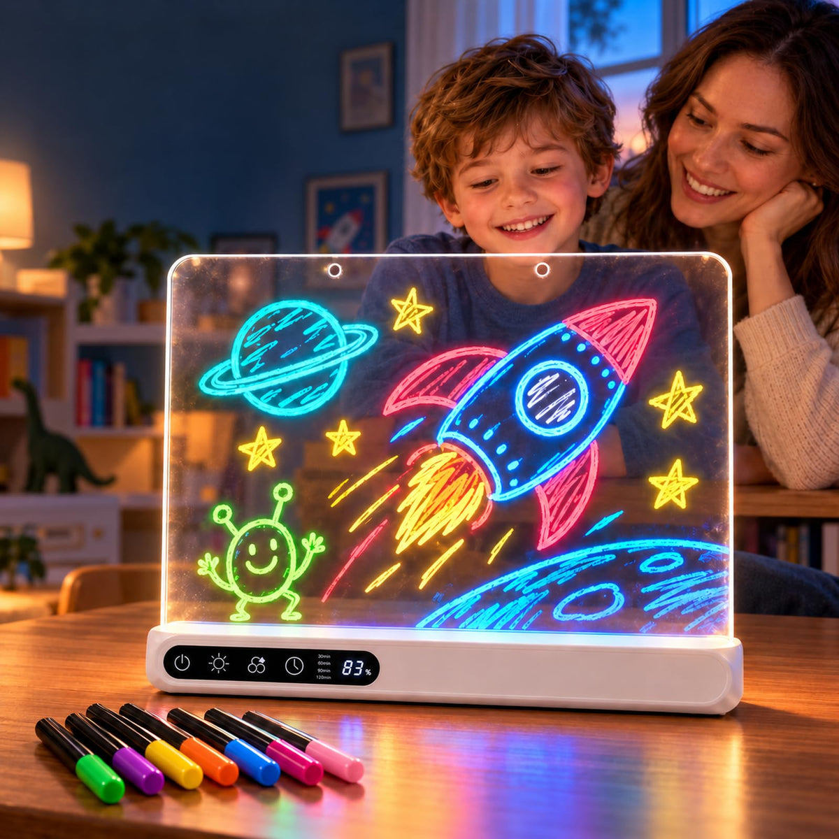Cordless 16" LED Drawing Board for Kids | Wall Mountable Tabletop, Rechargeable Glow Doodle Note Board, 14 Light Effects, 7 Markers