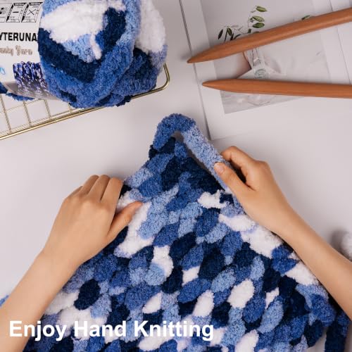 Knyteruna Chunky Yarn for Hand Knitting, #10 Chunky Blanket Chenille Yarn, Large Bulky Thick Jumbo Yarn, Super Chunky Knit Yarn for Crocheting, 8 Skein (8oz,20yds Each Skein), Tie Dye Multi Blue&White