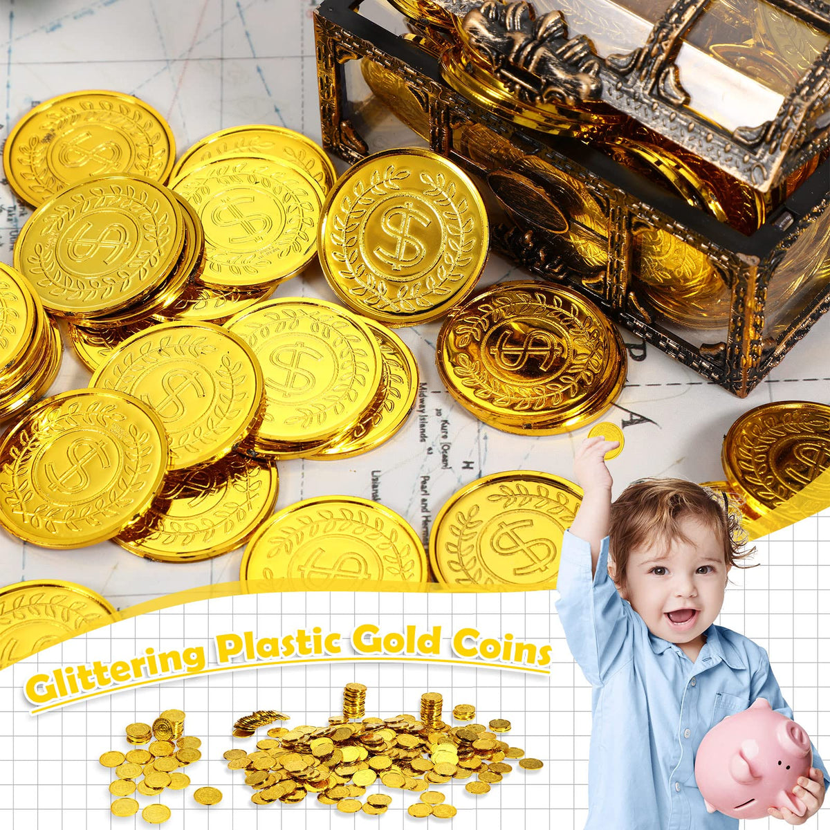 Hanaive 1000 Pcs Pirate Gold Coins Plastic Treasure Play Toy Coins | Fake St. Patricks Doubloon for Pirate Party Favors Supplies Treasure Hunt Game Teachers Classroom Reward