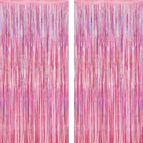 2 Pack Glitter Pink Backdrop, 3.28 FT x 7.05 FT Birthday Party Decorations, Laser Pink Fringe Curtains Foil Streamer Tinsel, Pink Curtains Photo Backdrop Happy Birthday Valentines Day Backdrop