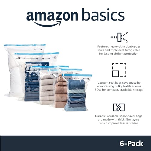 Amazon Basics Vacuum Storage Bags with Hand Pump, Jumbo, 6-Pack, Clear