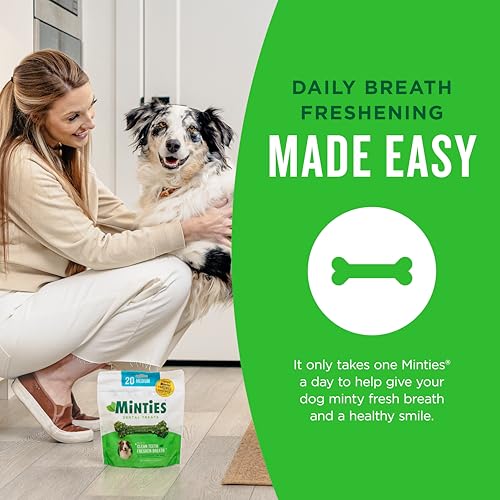 Minties Mint Dental Chews for Dogs, Medium Breeds 25-50 lbs, 40 Ct | Vet-recommended mint dental bone; scrubs teeth as dogs chew; fights plaque, tartar & bad breath; no soy/wheat/corn