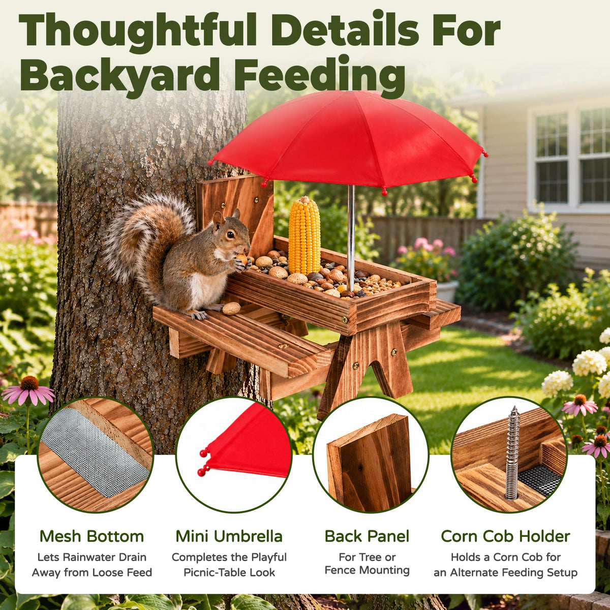 Squirrel Feeder for Outside, Funny Wooden Picnic Table with Mini Umbrella | Solid wood feeder for squirrels and chipmunks, drainage mesh, corn cob holder, feeding area, tree or fence mount