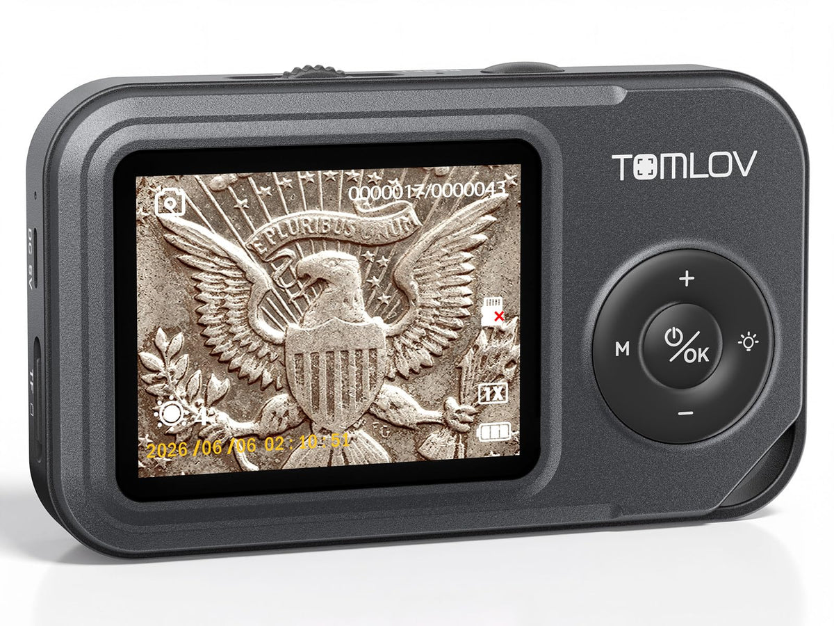 TOMLOV P50 Handheld Digital Microscope, Adjustable Focus, 2.4" IPS Screen | Adjustable LED Lighting, Pocket-Sized, Take Photos/Videos, Error Coin & Trichome View, For Collectors, Windows/Mac Compatible