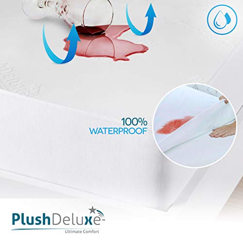 PlushDeluxe Bamboo Waterproof Mattress Protector, King Size, Ultra Soft | Breathable, Noiseless, Hypoallergenic, Washable, 76x80" Up to 18" Deep, Viscose Derived from Bamboo Mattress Cover, White