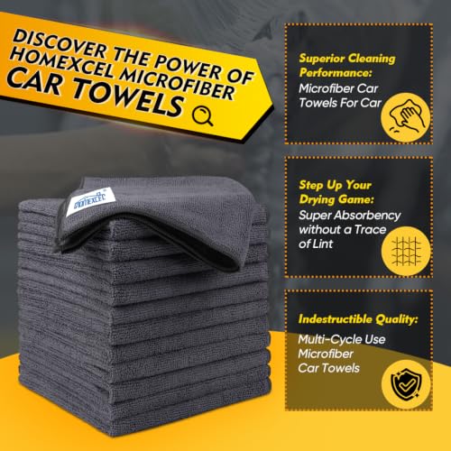 HOMEXCEL Microfiber Cleaning Cloth 12 Pack, 12.5 x 12.5 inch Microfiber Towels for Cars, Ultra Absorbent Washing Cloth, Lint Free Streak Free Cleaning Rags for Car, Kitchen, and Window (Grey)