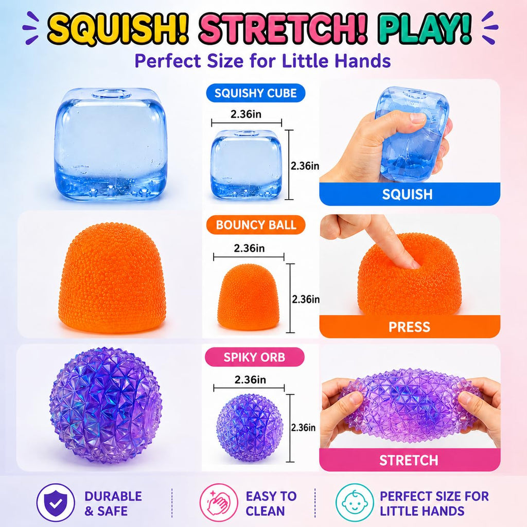 J’Adore 3 Pack Squishy Toys for Kids, Sensory Stress Relief Toys Set, Fun Cube, Gum Droppable & Spiky Orb, Soft Squeeze Fidget Toys for Toddlers Ages 3+, Party Favors & Gifts