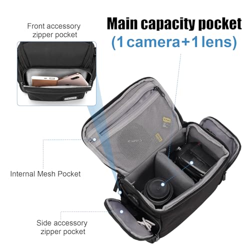 CADeN Compact Camera Shoulder Crossbody Bag Case Compatible for Nikon, Canon, Sony SLR/DSLR Mirrorless Cameras and Lenses Waterproof(1.0 S, Black)