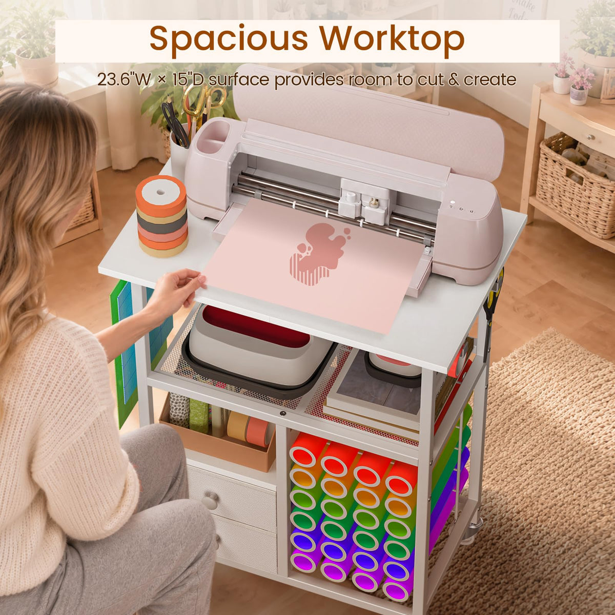 Snughome Rolling Craft Cart for Cricut Machine, Organizer and Storage Stand | 23.6" x 15" Worktop, Large Craft Organizer Cart with 24 Vinyl Roll Holders, 2 Fabric Drawers, 4 Hooks and 4 Silent Casters