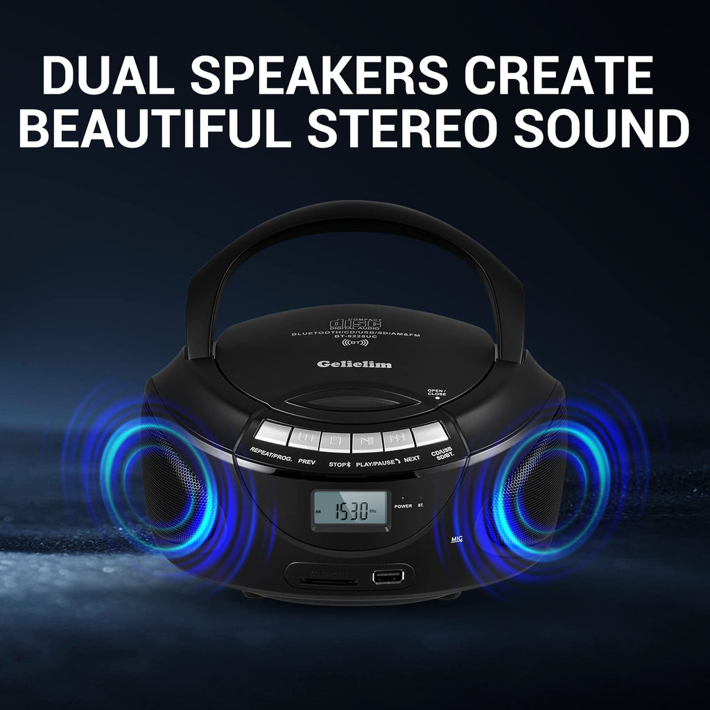 Gelielim Portable CD Players for Home, CD Boombox with AM/FM Stereo Radio, Bluetooth, USB, SD Card, MMC Drive, Aux-in, Headphone Jack,LCD Display, Boom Box CD Player AC/Battery Operated – Black