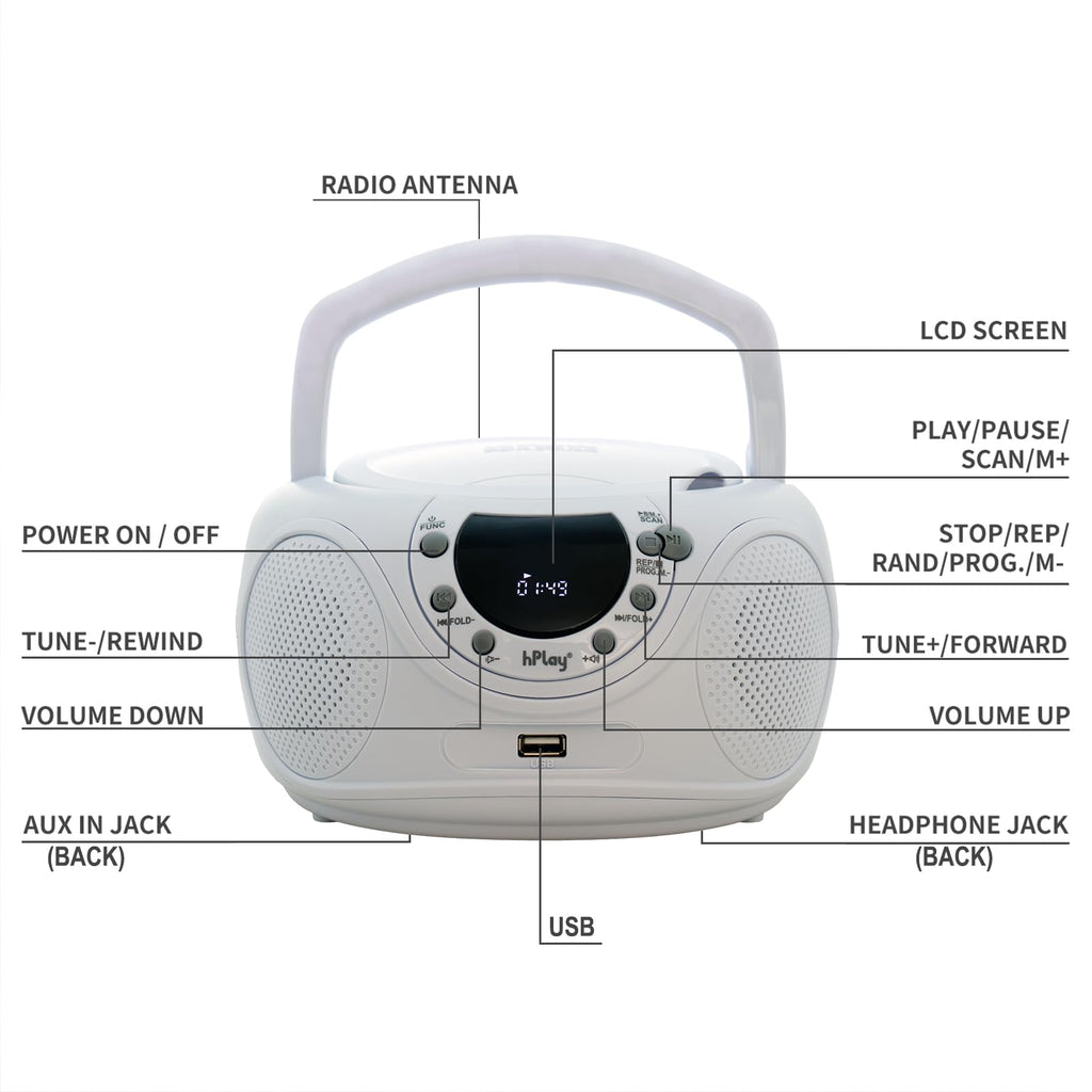 hPlay P16 Portable CD Player Boombox with Bluetooth, White | CD/CD-R/MP3-CD, FM Digital Radio, USB/MP3 Playback, Aux-In & Headphone Jack, AC/Battery Powered