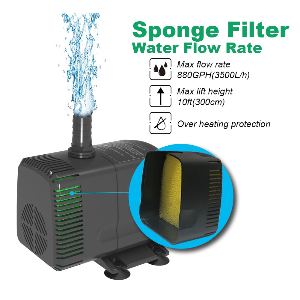 Knifel Submersible Water Pump 880GPH Pond Pump for Fountains | 10ft Lift, 9.8ft Power Cord, Ultra Quiet, Over Heating Protection for Pond, Fountain, Hydroponic, waterfall, Aquarium