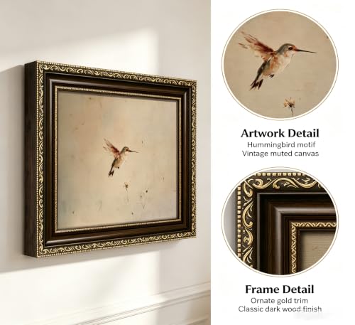 Vintage Gold Framed Hummingbird Minimalist Neutral Oil Painting Wall Art | Soft vintage oil painting of hovering hummingbird, neutral tone elegant wall decor for bedroom