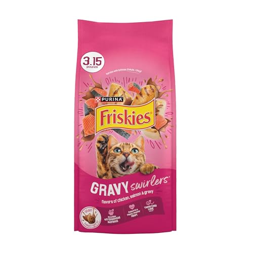 Purina Friskies Gravy Swirlers Dry Cat Food, Chicken & Salmon, 3.15 lb Bag | Protein-packed cat food kibble with swirls of delicious gravy baked in, supports immune and heart health