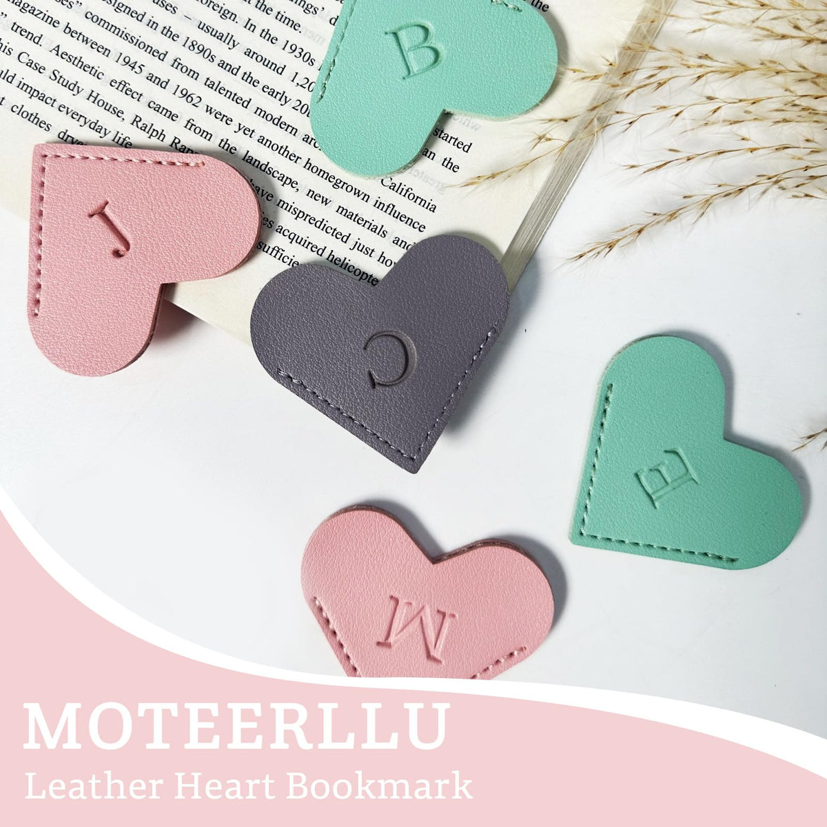 MOTEERLLU Personalized Leather Heart Bookmark with Initials | Handmade, Cute Custom Corner Book Marks for Reading Women, Teachers, Students, Book Lovers Gifts, Book Accessories(Pink, A)