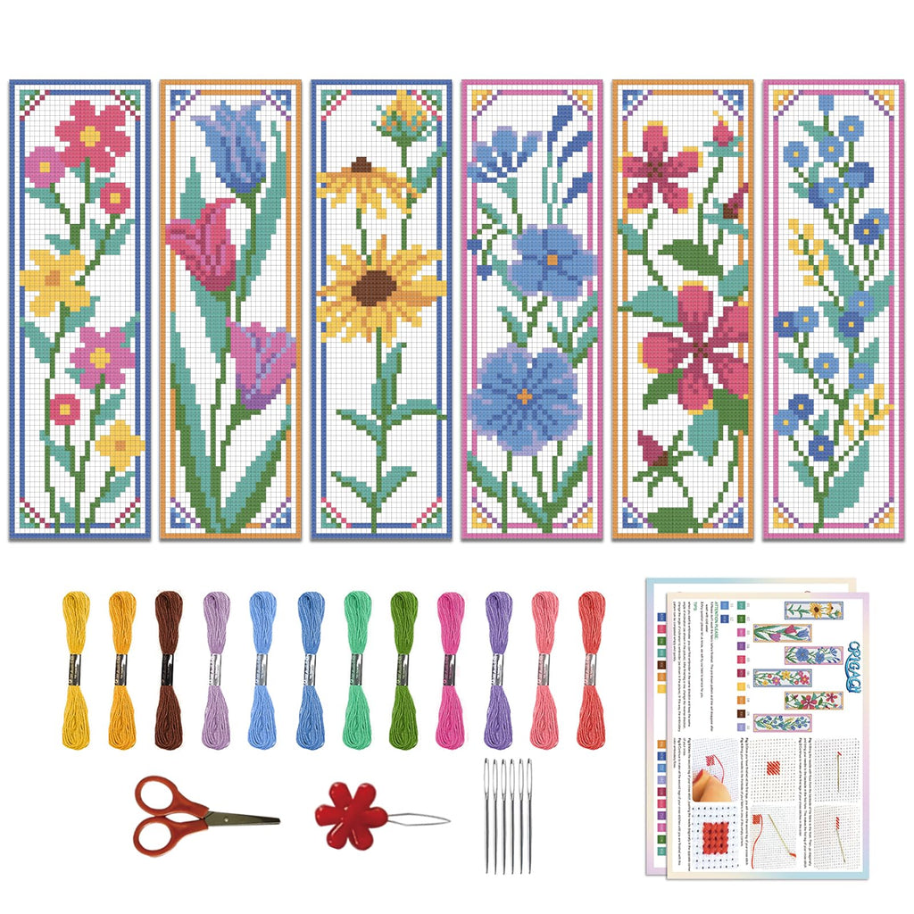 ORIGACH 6 Set Wildflower Floral Cross Stitch Bookmark Kit for Beginner | 11CT Stamped Cross Stitch Kit DIY Embroidery Bookmark Set with Backing Felt Floss Instructions for Adults, Book Lovers