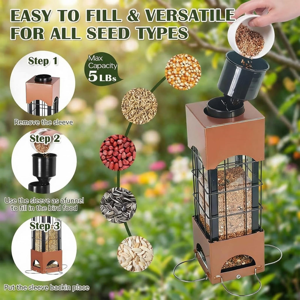 Squirrel Proof Bird Feeders for Outdoors Hanging, 5LB Large Capacity Metal Wild Bird Feeders, Heavy Duty Chew Proof Tube Feeder for Cardinal Finch Chickadee, Garden Yard Outside Decoration