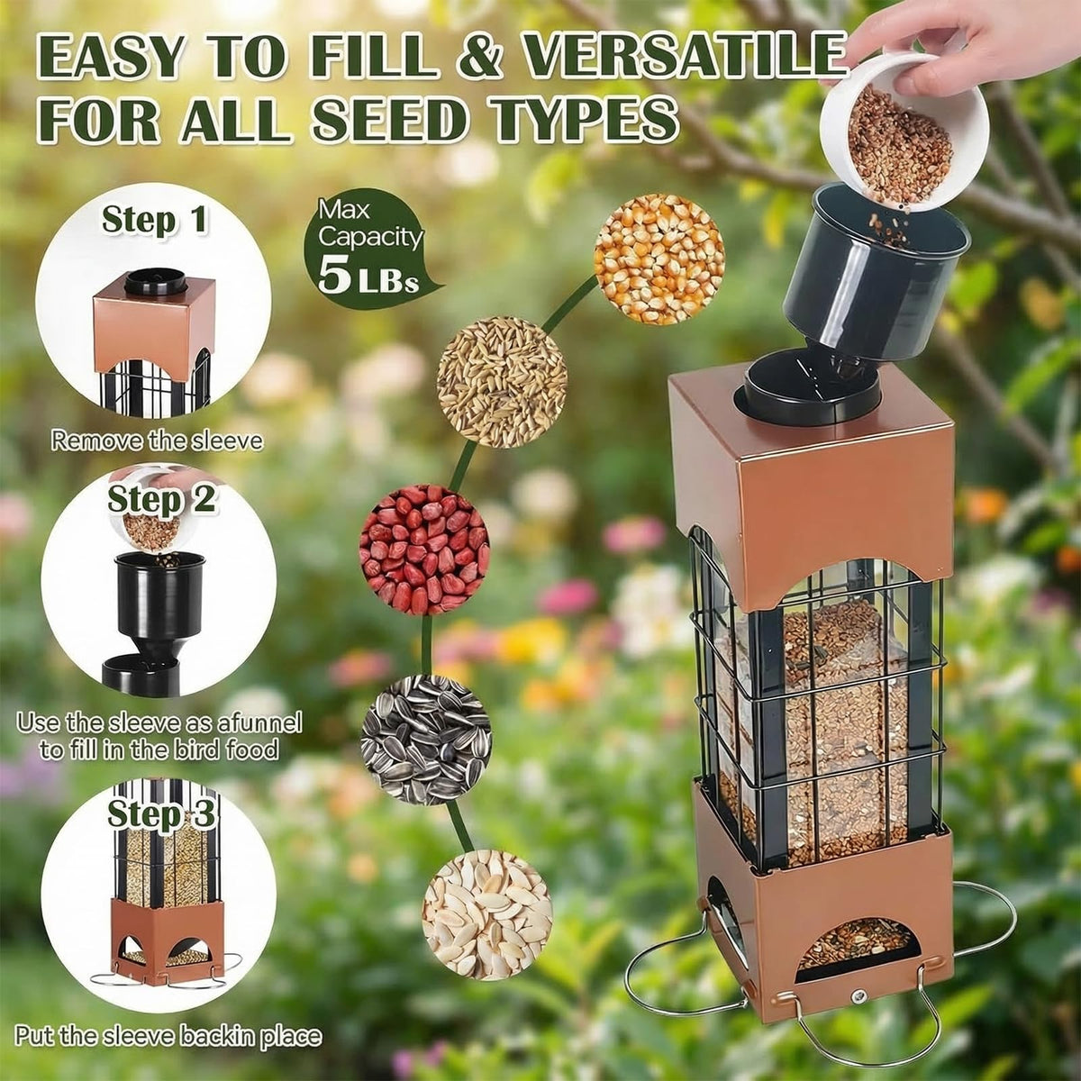 Squirrel Proof Bird Feeders for Outdoors Hanging, 5LB Large Capacity Metal Wild Bird Feeders, Heavy Duty Chew Proof Tube Feeder for Cardinal Finch Chickadee, Garden Yard Outside Decoration