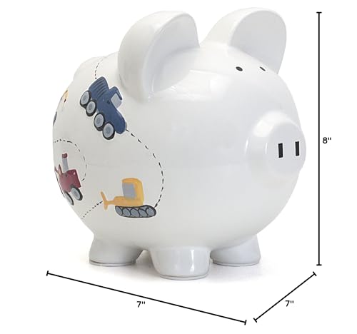 Child to Cherish Ceramic Piggy Bank for Boys, Construction Trucks, White